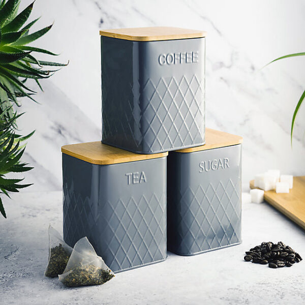 Cooks Professional 3 Piece Tea, Coffee & Sugar Square Cannister Jar Bin Set with Bamboo Lids & Diamond Pattern - Dark Grey
